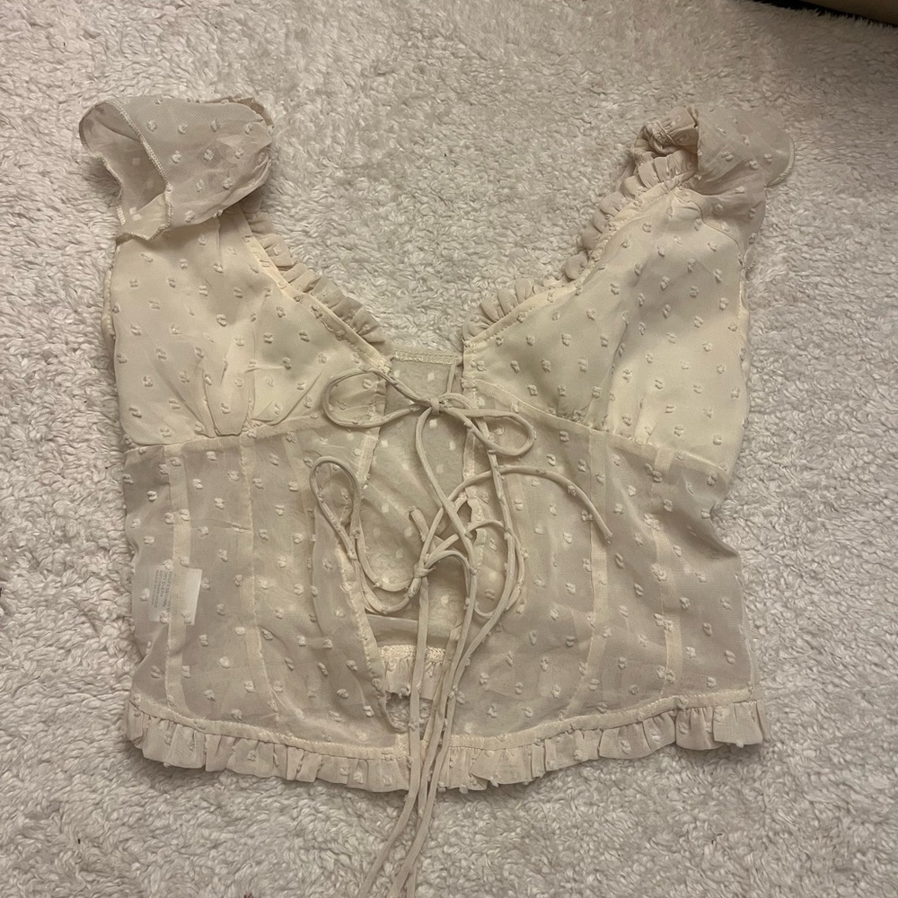 Y2K Front Tie Sheer Ruffle Trim Blouse - Picture 5 of 7